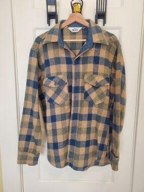 Woolrich Blue and Tan Plaid Wool Shirt Jacket